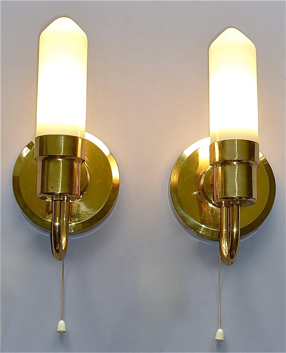 Rare Pair Midcentury Sconces Tynell Style 1950s Yellow Candle Tube Glass Brass In Good Condition For Sale In Nierstein am Rhein, DE