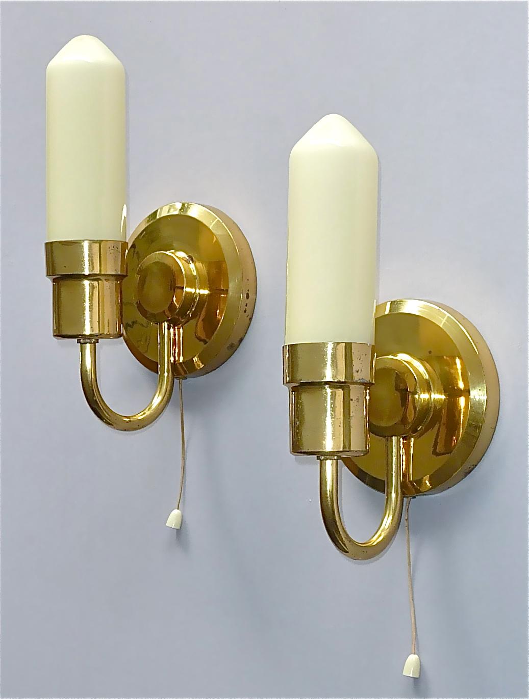 Mid-20th Century Rare Pair Midcentury Sconces Tynell Style 1950s Yellow Candle Tube Glass Brass For Sale