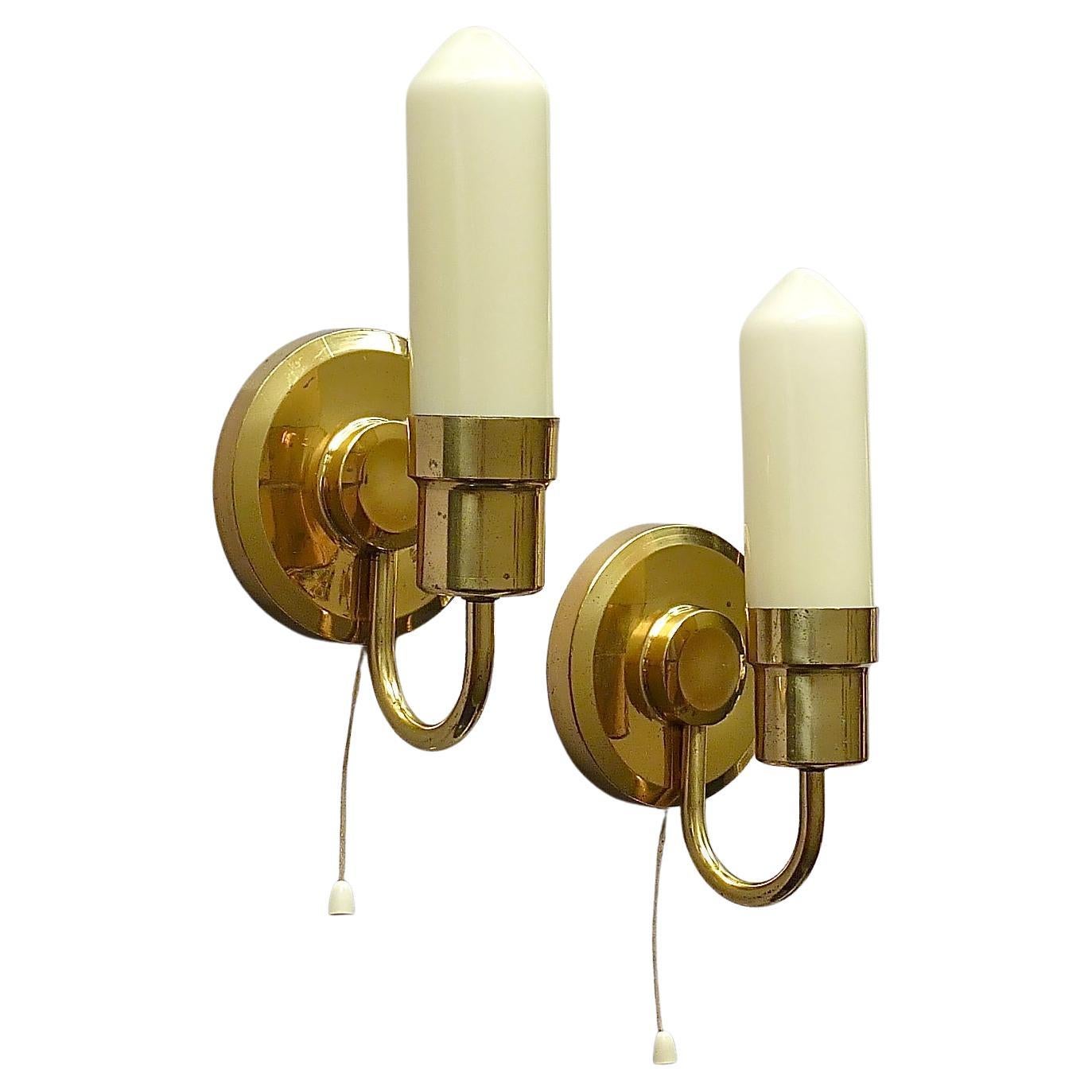 Rare Pair Midcentury Sconces Tynell Style 1950s Yellow Candle Tube Glass Brass For Sale