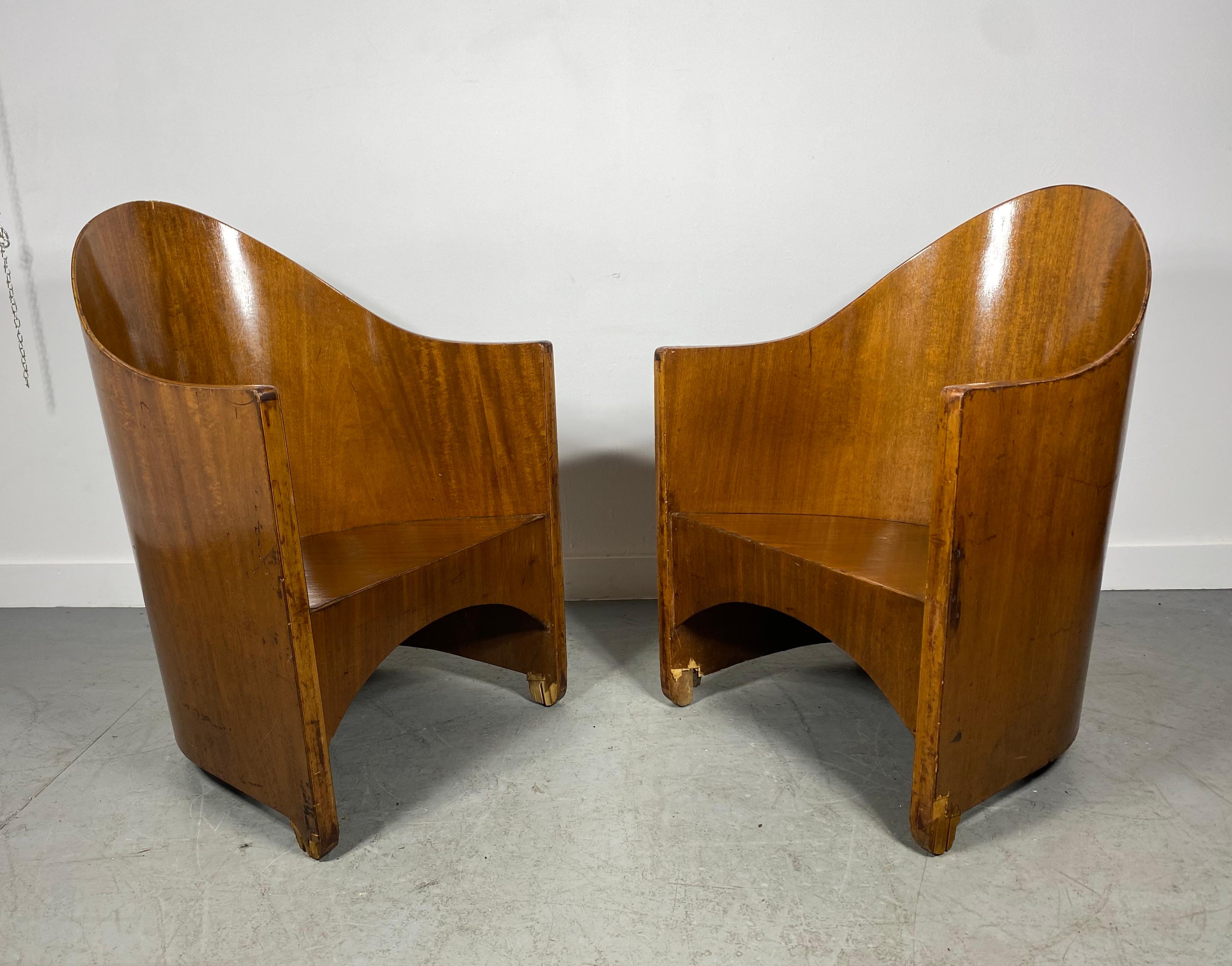 Extremely Rare Pair Modernist Arm Chairs designed by Walter von Nessen , circa 1929. Chairs retain they're original color, finish, patina, In need of restoration, mainly feet ,(veneer)..From my bit of research,,it appears this was a common problem,