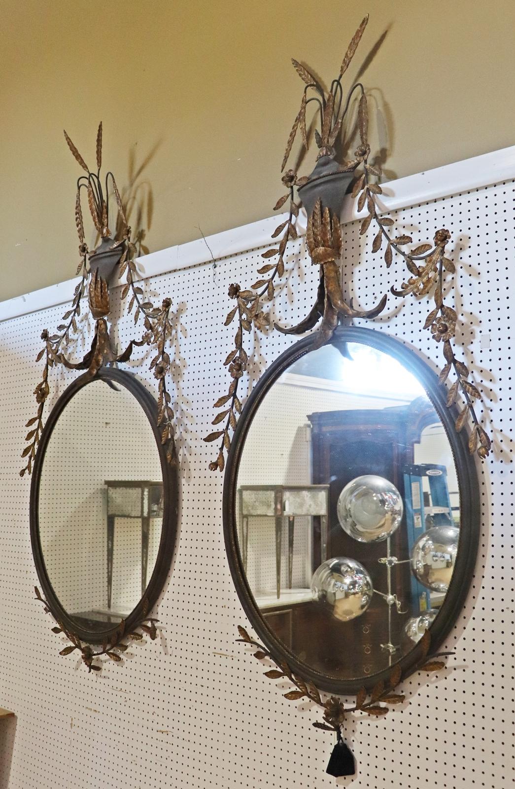Rare Pair Monumental 80 Inch Brass Adams Style Floral Oval Mirrors Circa 1900 For Sale 3