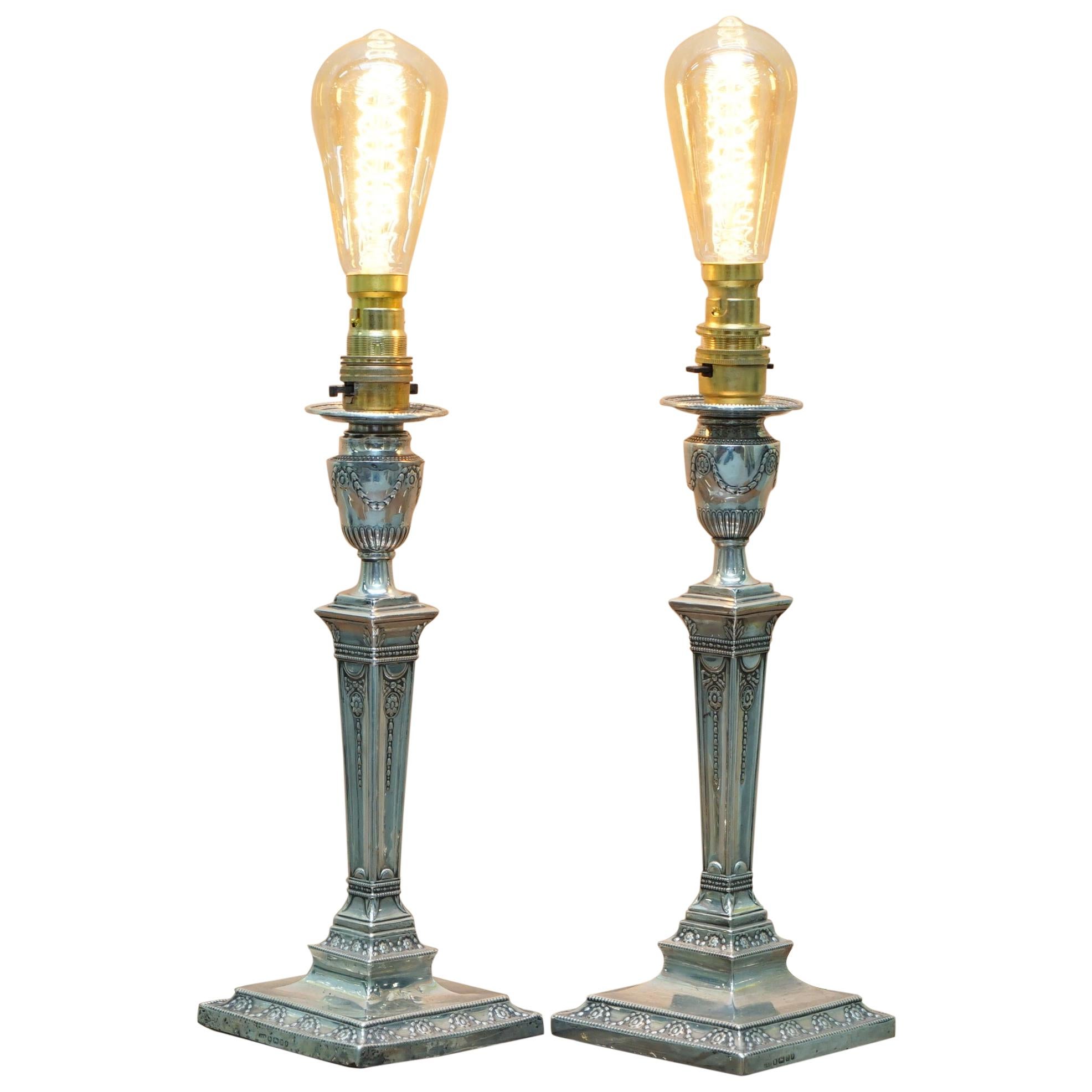 Rare Pair of 1879 James Bembridge Sterling Silver Corinthian Candlestick Lamps For Sale