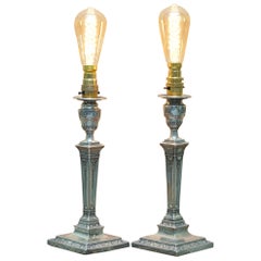 Used Rare Pair of 1879 James Bembridge Sterling Silver Corinthian Candlestick Lamps