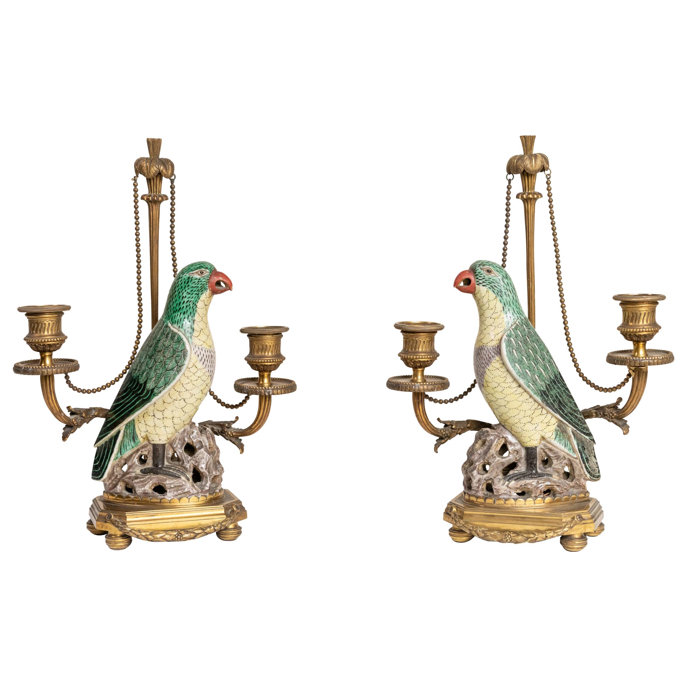 Rare Pair of 18th Century-19th Century Chinese Porcelain Parrots Candelabra For Sale