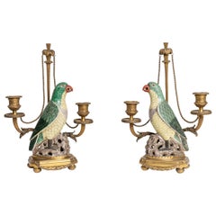 Antique Rare Pair of 18th Century-19th Century Chinese Porcelain Parrots Candelabra