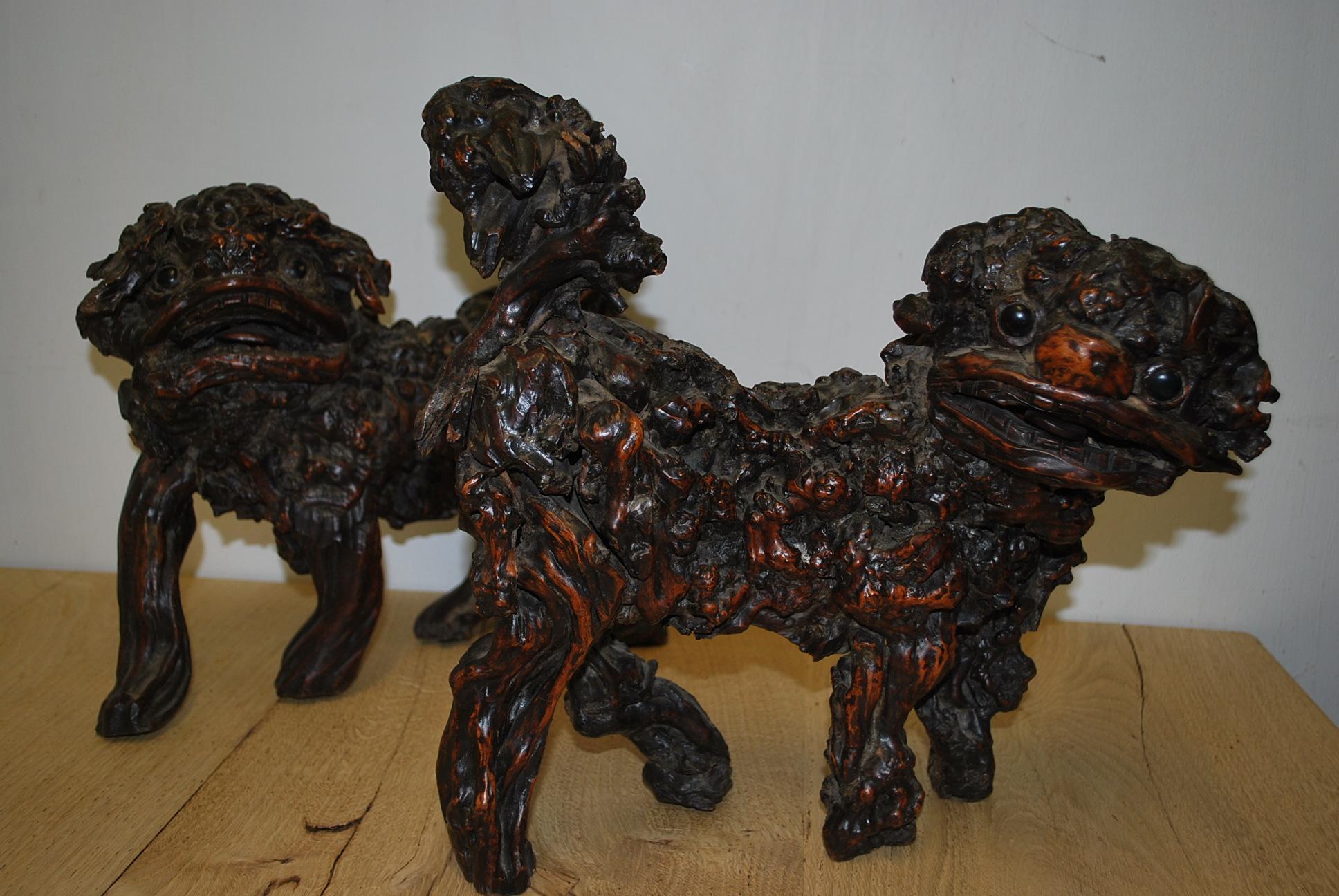 Rare pair of 18th century Antique Chinese Root Wood Foo Dogs In Good Condition For Sale In Winchcombe, Gloucesteshire