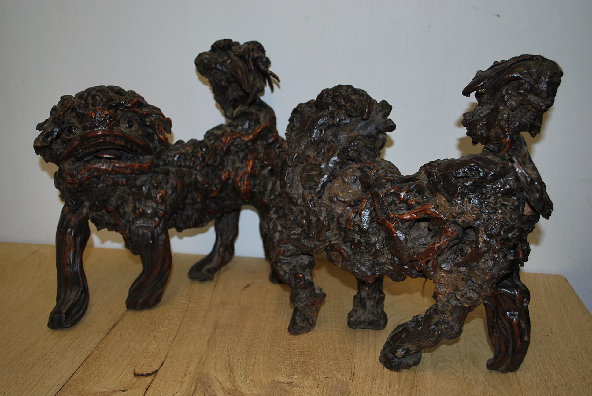 18th Century and Earlier Rare pair of 18th century Antique Chinese Root Wood Foo Dogs For Sale