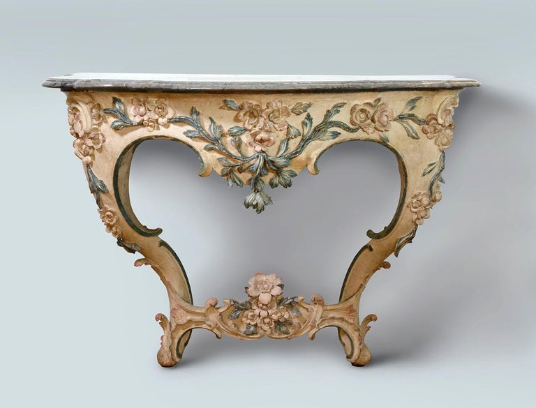 Table Legs Rococo Rare Pair of 18th Century Painted Rococo Console Tables with Marble ...