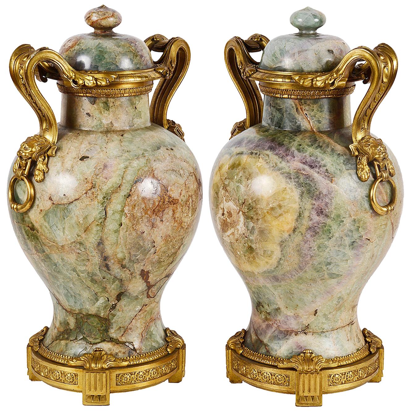 Rare Pair of 18th Century Quartz, Ormolu Mounted Vases, circa 1780 For Sale