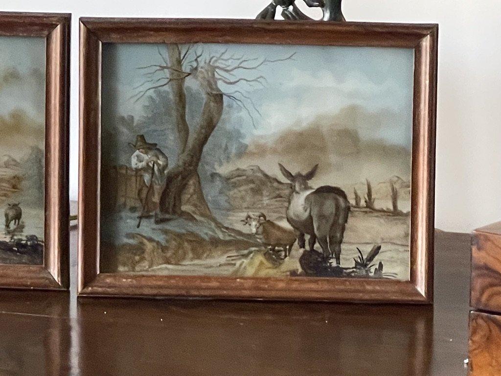 French Provincial Rare Pair of 18th Century Reverse Glass Pastoral Paintings Eglomise