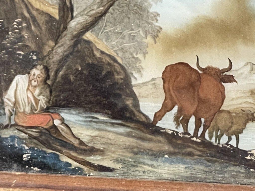 Rare Pair of 18th Century Reverse Glass Pastoral Paintings Eglomise In Good Condition In Doylestown, PA