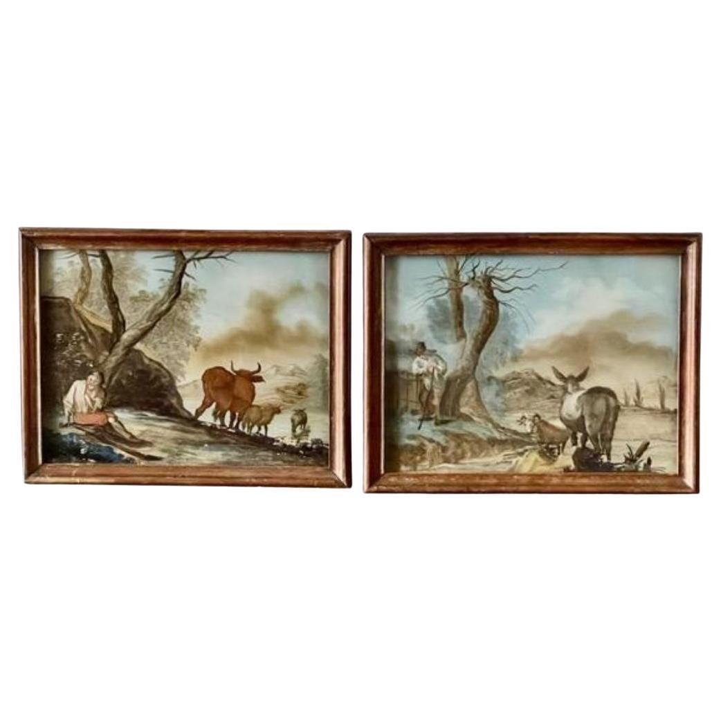 Rare Pair of 18th Century Reverse Glass Pastoral Paintings Eglomise