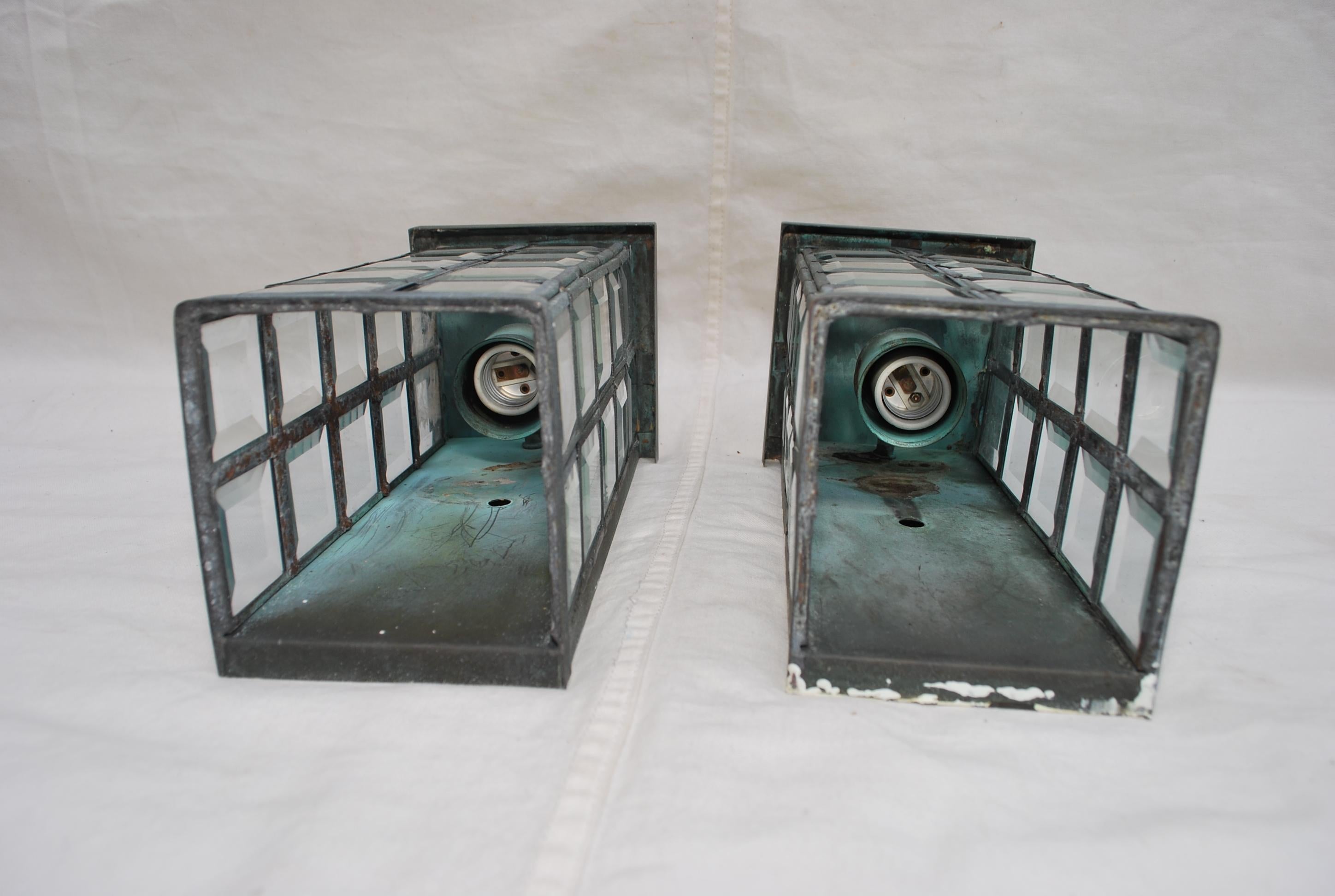 Mid-20th Century Rare Pair of 1950's Brass and Beveled Glass Outdoor Sconces