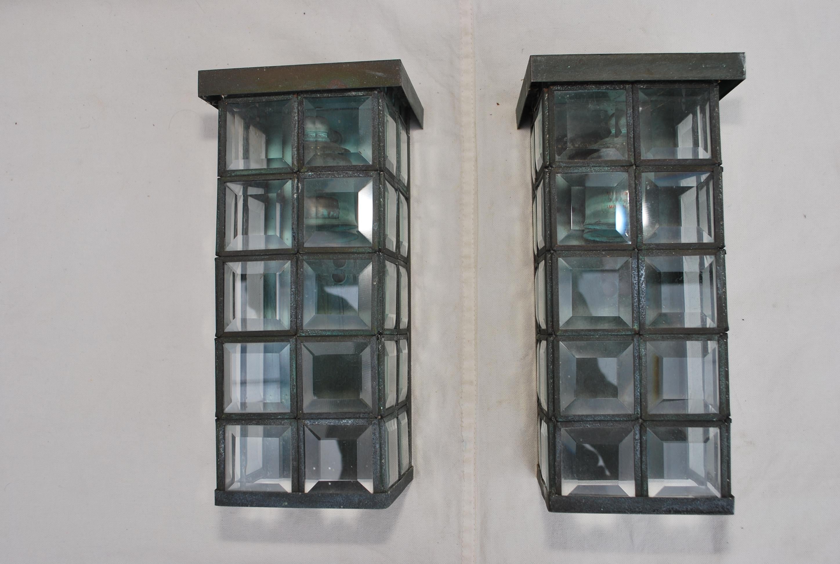 Rare Pair of 1950's Brass and Beveled Glass Outdoor Sconces 2
