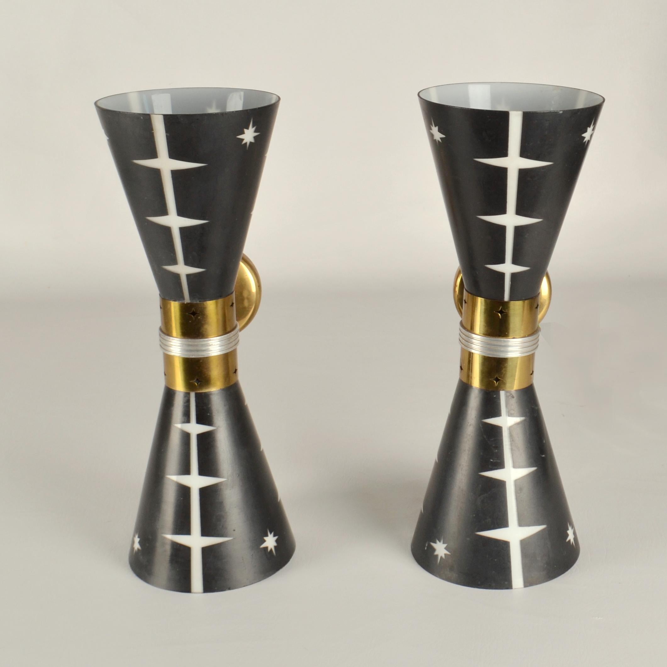 Nickel Rare Pair of 1950’s Hourglass Wall Lights in Black and White Glass and Brass For Sale