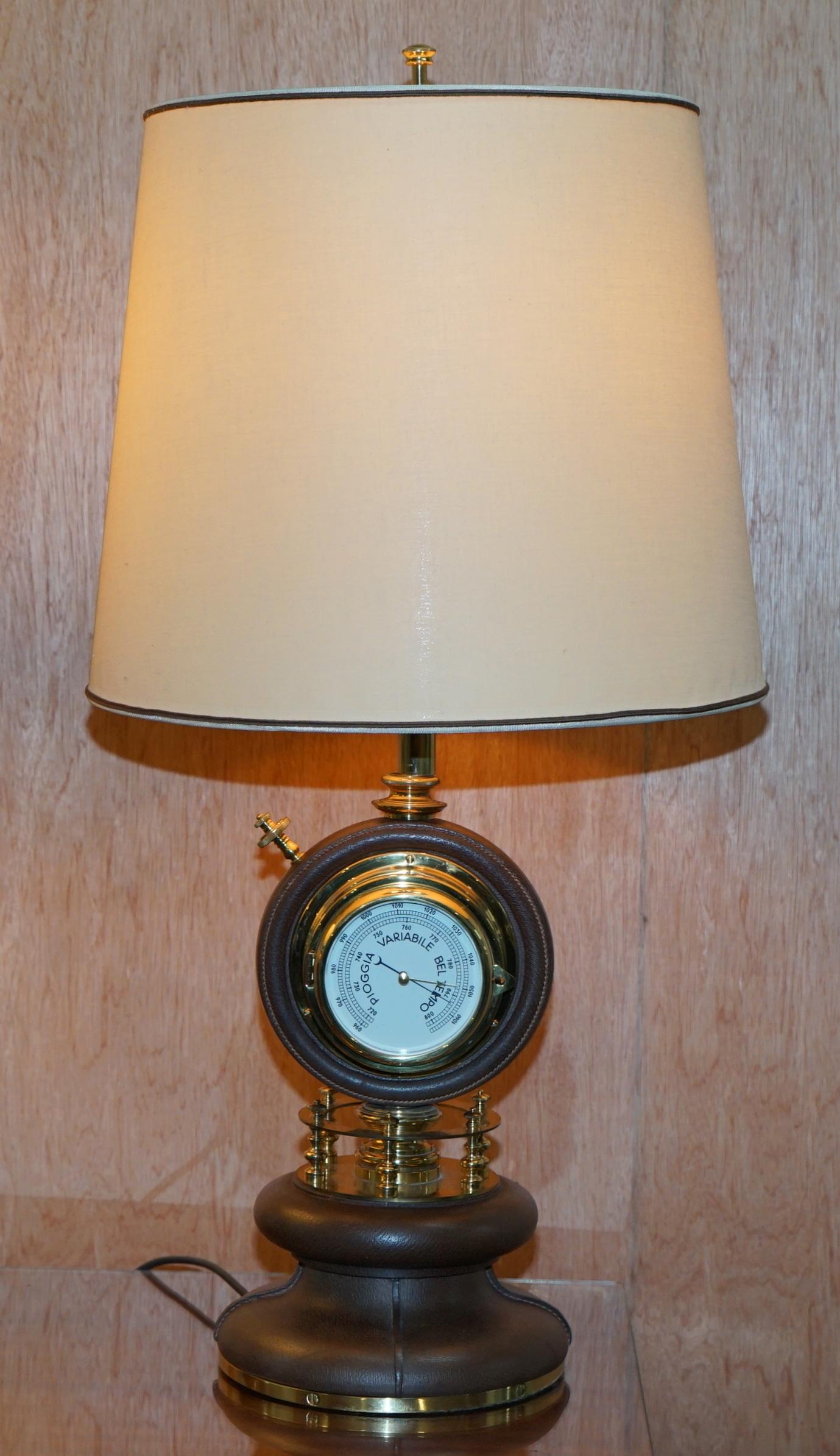 Rare Pair of 1965 Original Gucci Leather Nautical Table Lamps Clock Barometers 1
