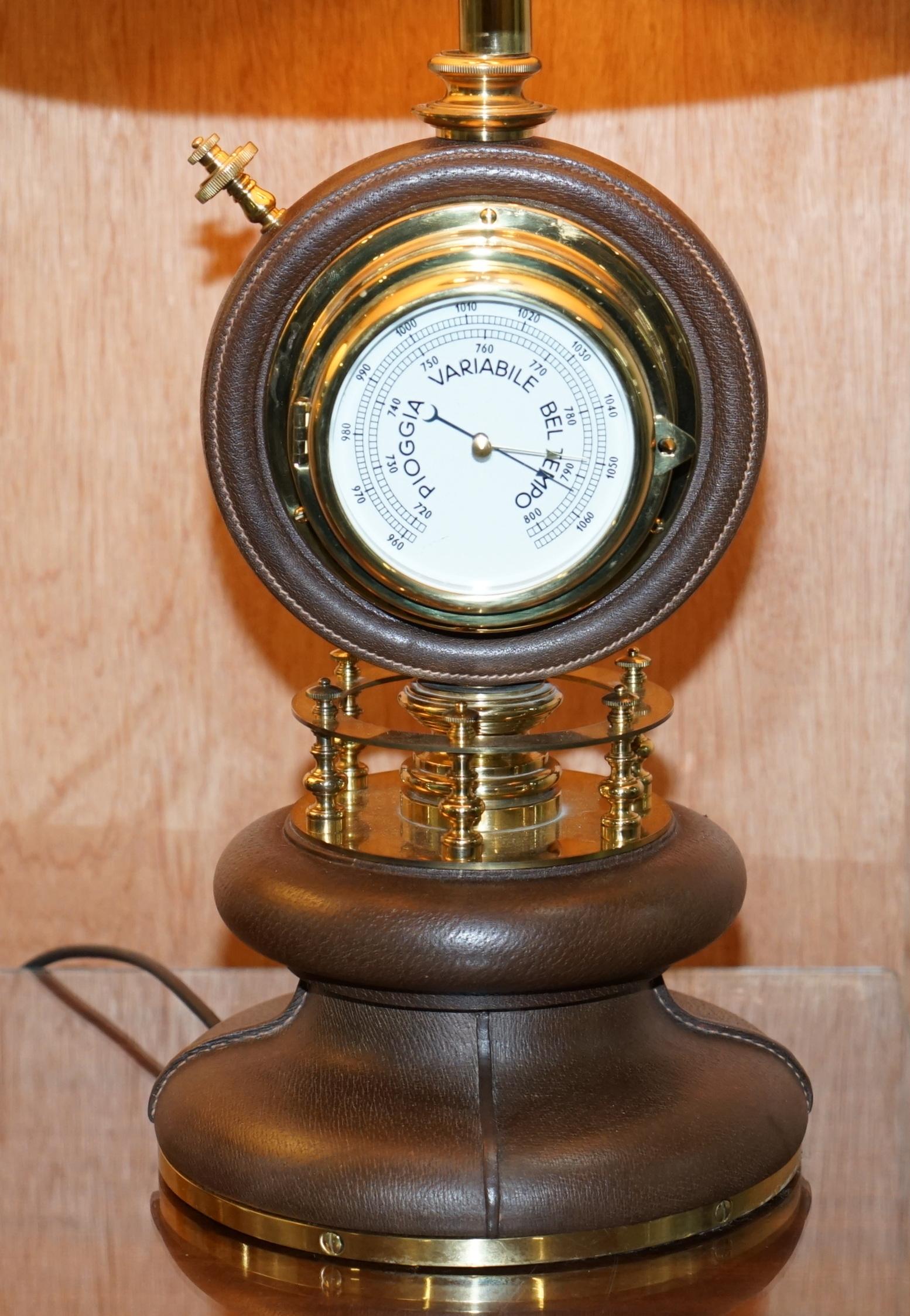 Rare Pair of 1965 Original Gucci Leather Nautical Table Lamps Clock Barometers 2