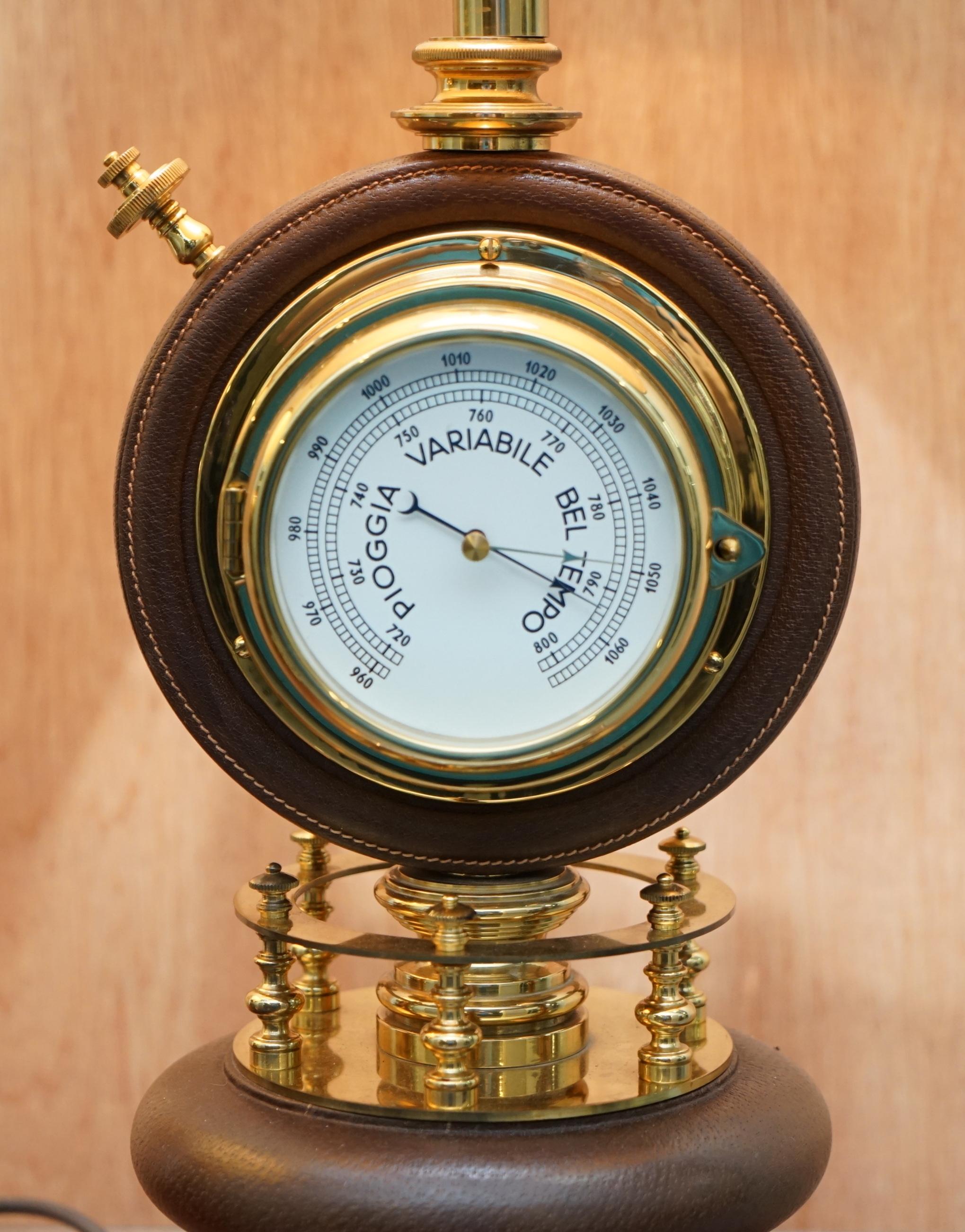 Rare Pair of 1965 Original Gucci Leather Nautical Table Lamps Clock Barometers 3