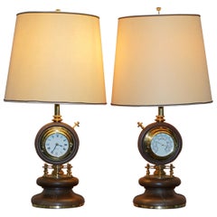 Vintage Rare Pair of 1965 Original Gucci Leather Nautical Table Lamps Clock Barometers