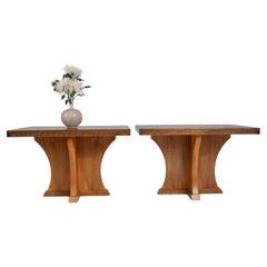 Rare Pair Of 1970s French Wooden Coffee Tables With Embossed Copper Tops