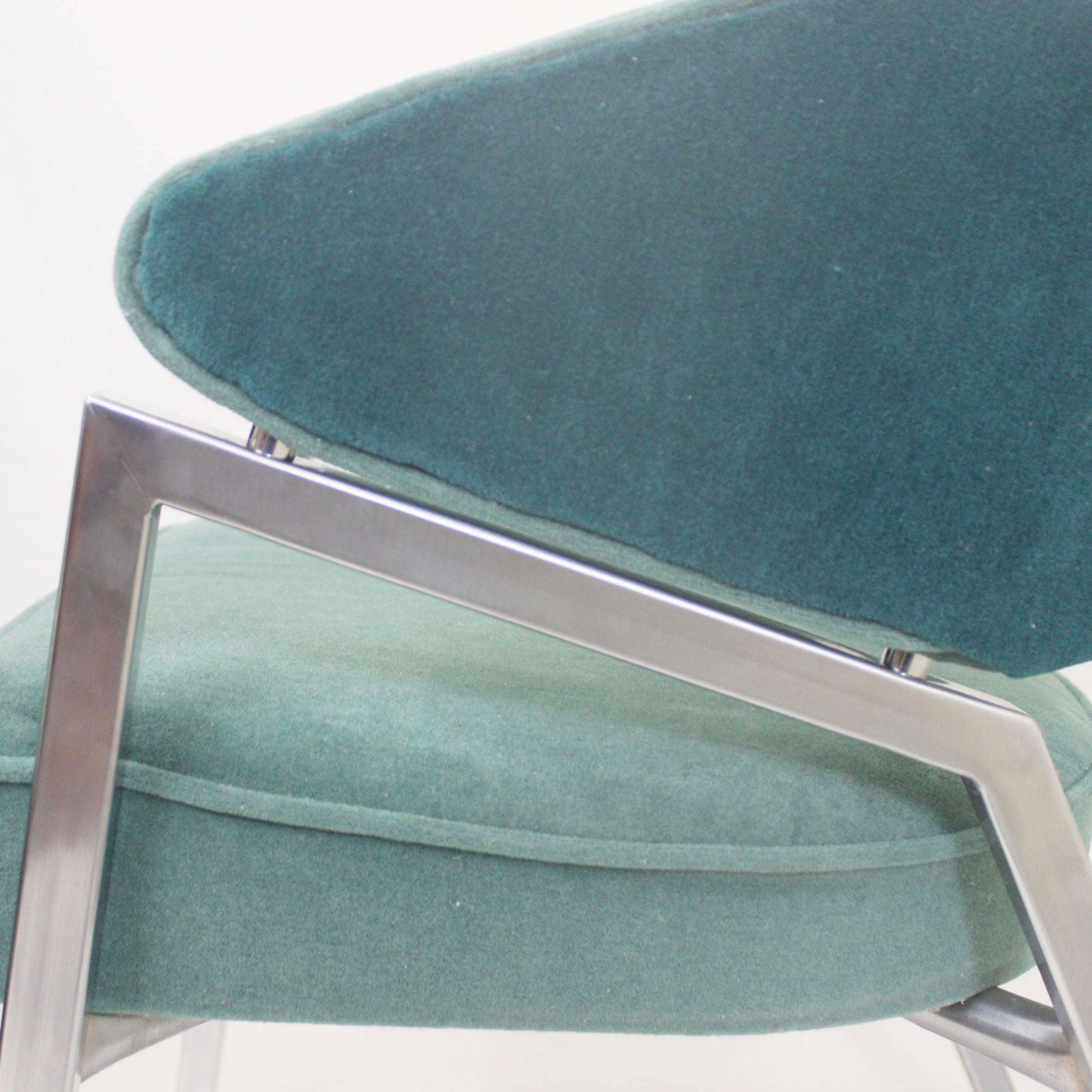 Rare Pair of 1970s Mid-Century Modern Teal Green and Chrome Side Arm Chairs 4
