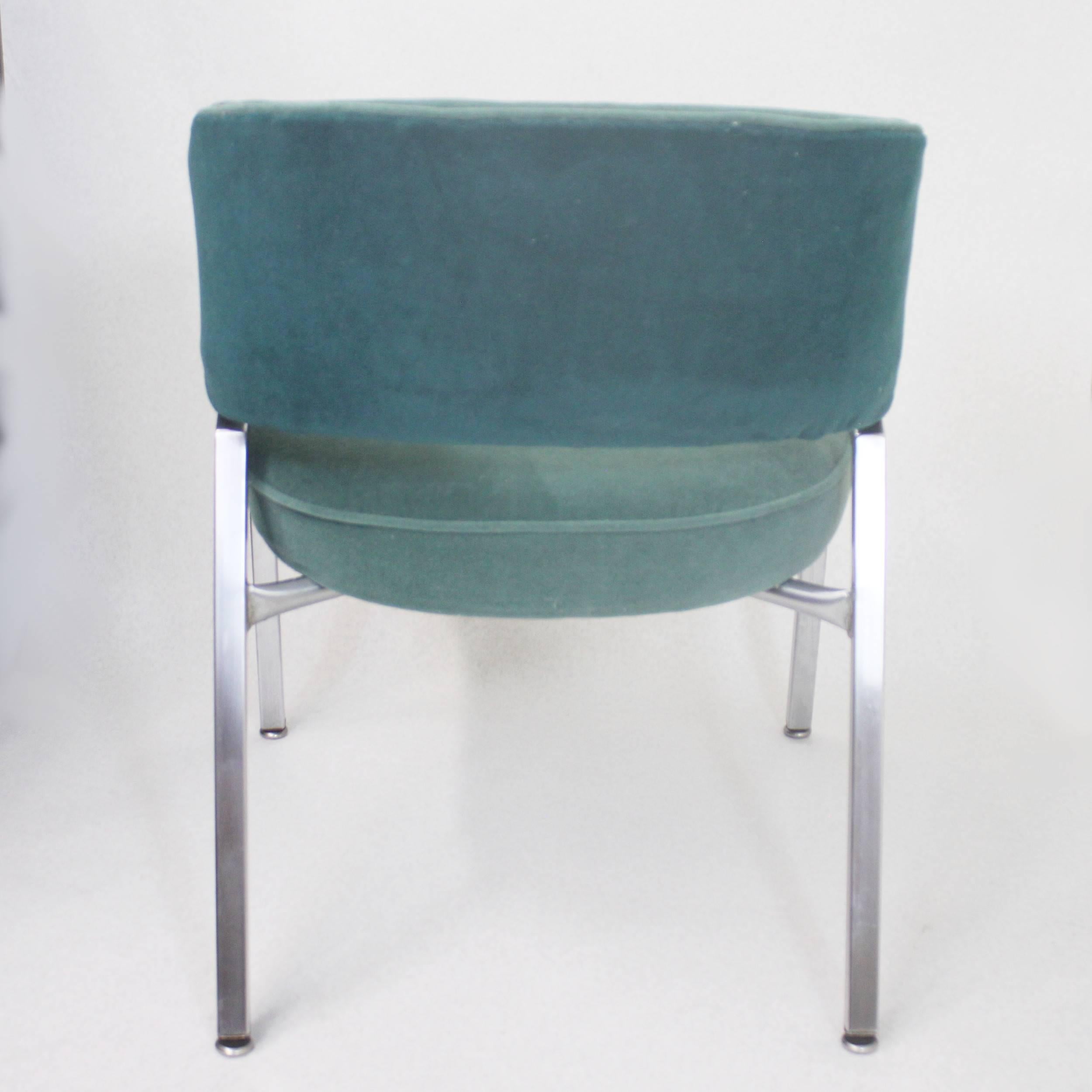 Rare Pair of 1970s Mid-Century Modern Teal Green and Chrome Side Arm Chairs 5