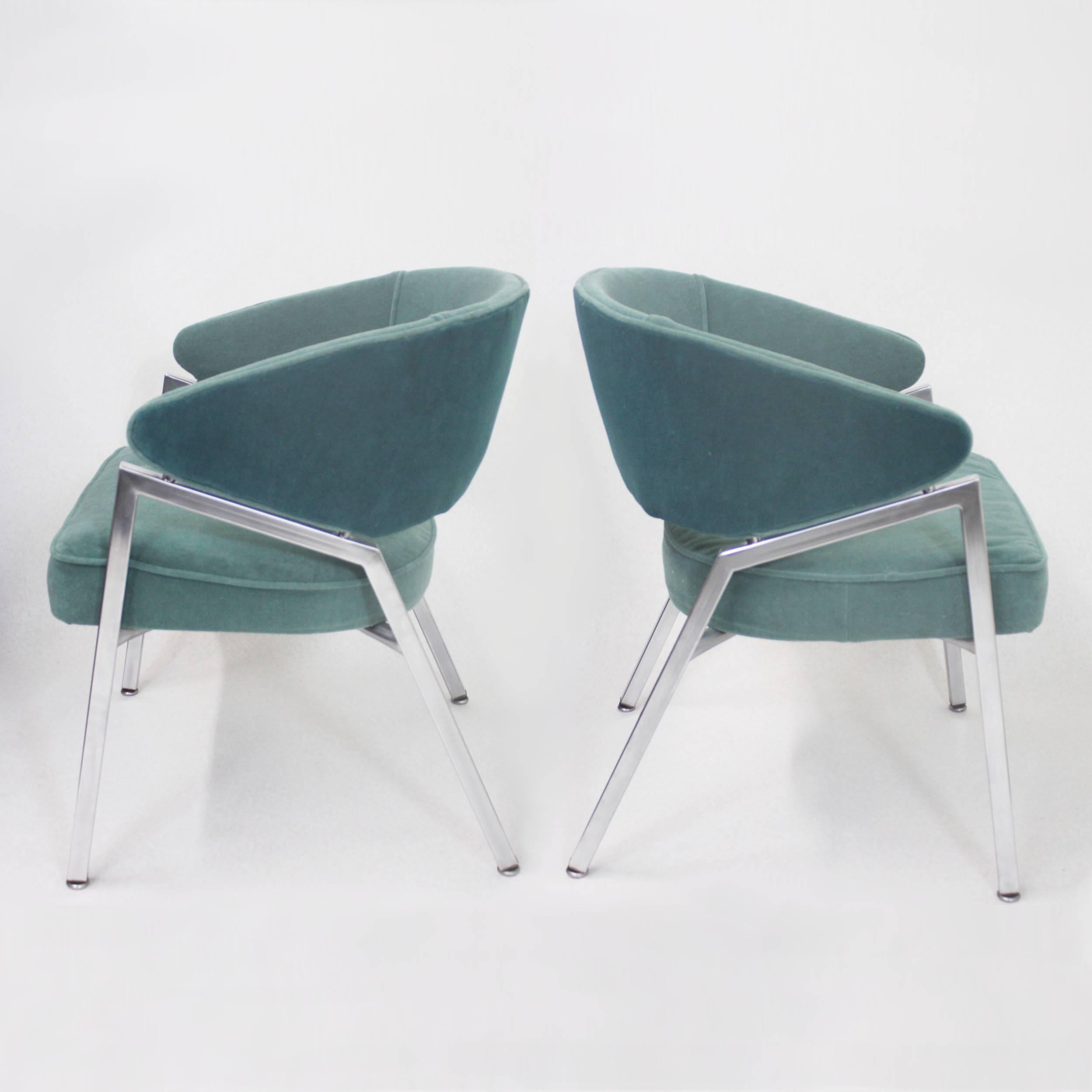 American Rare Pair of 1970s Mid-Century Modern Teal Green and Chrome Side Arm Chairs