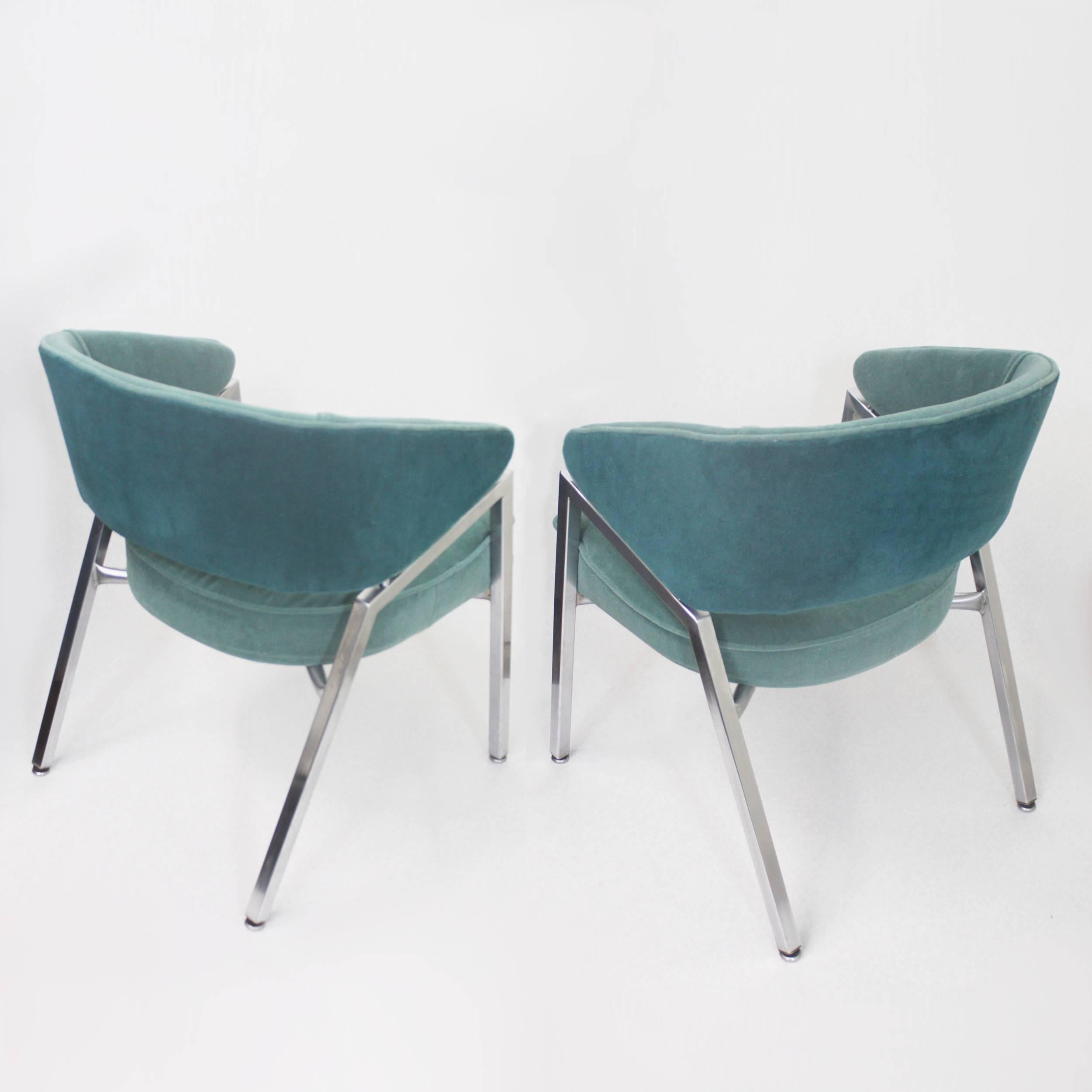 Rare Pair of 1970s Mid-Century Modern Teal Green and Chrome Side Arm Chairs In Excellent Condition In Lafayette, IN