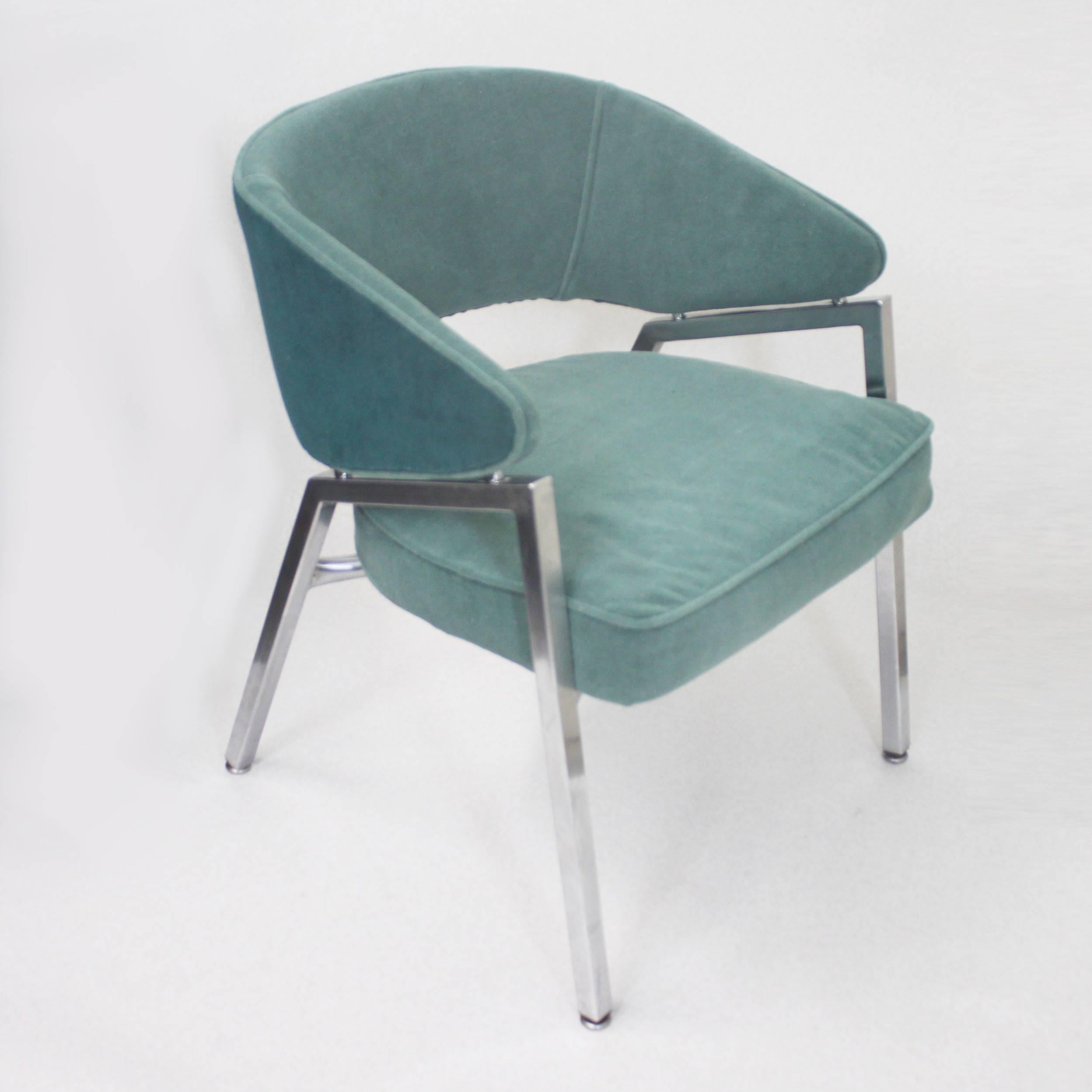 Late 20th Century Rare Pair of 1970s Mid-Century Modern Teal Green and Chrome Side Arm Chairs