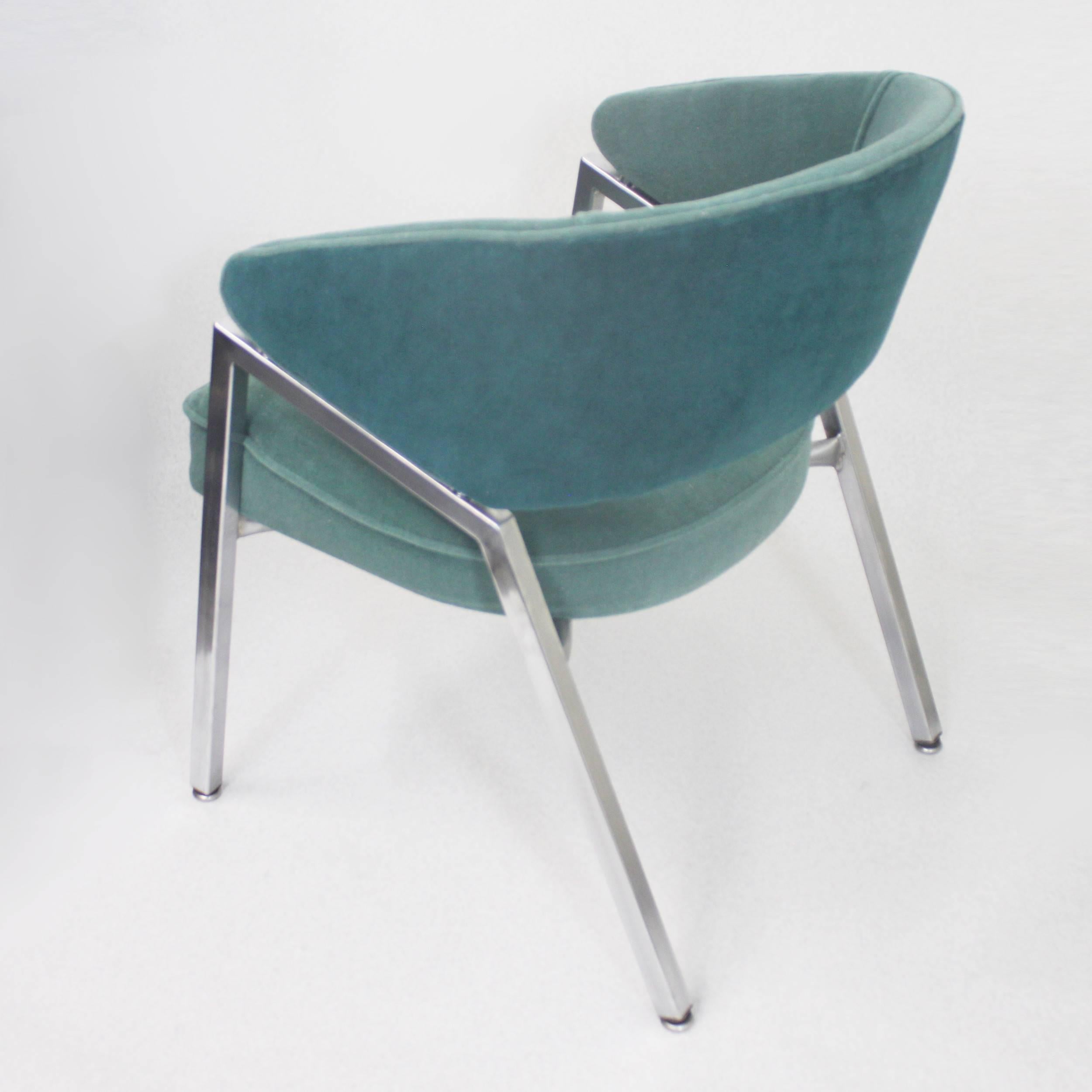 Upholstery Rare Pair of 1970s Mid-Century Modern Teal Green and Chrome Side Arm Chairs