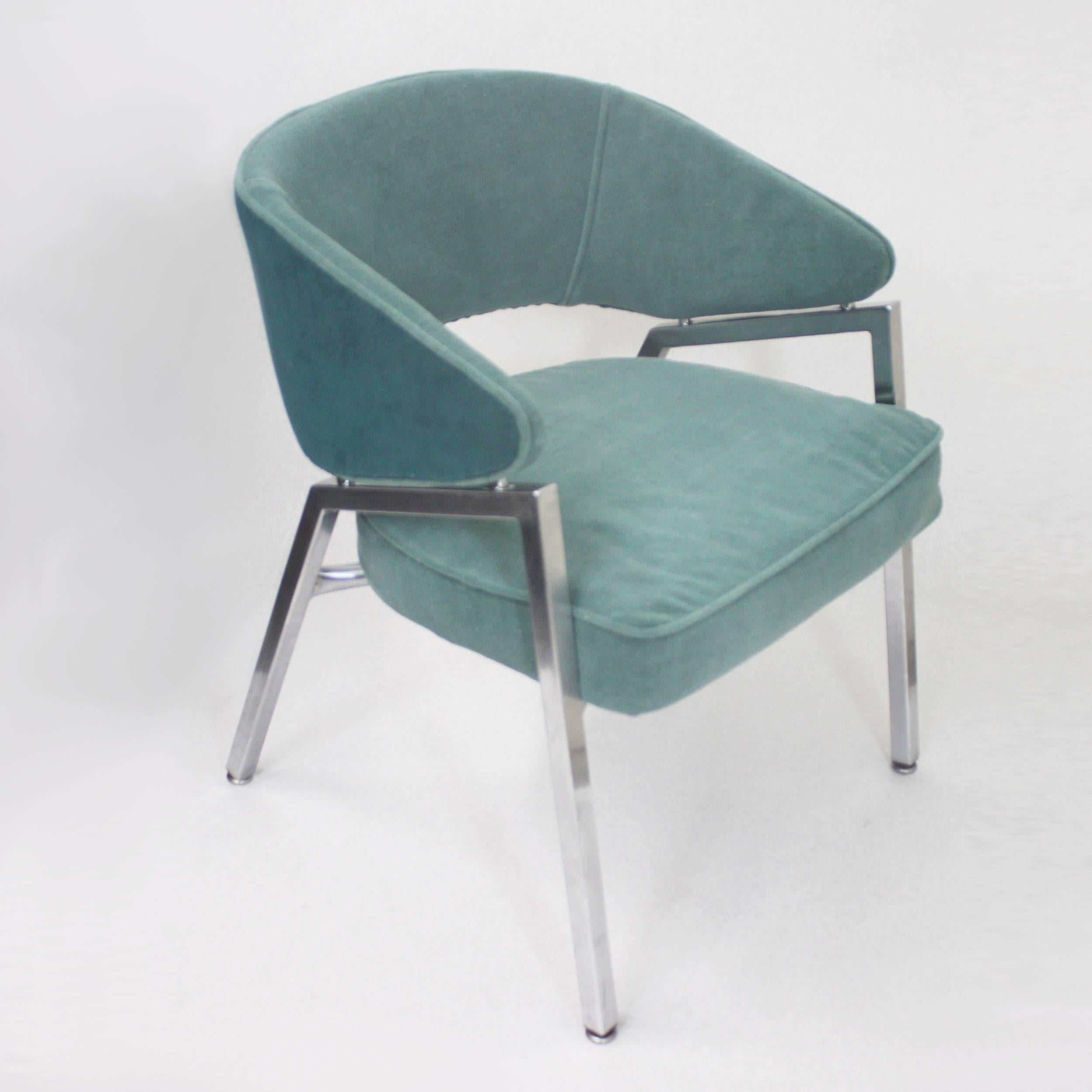 Rare Pair of 1970s Mid-Century Modern Teal Green and Chrome Side Arm Chairs 1