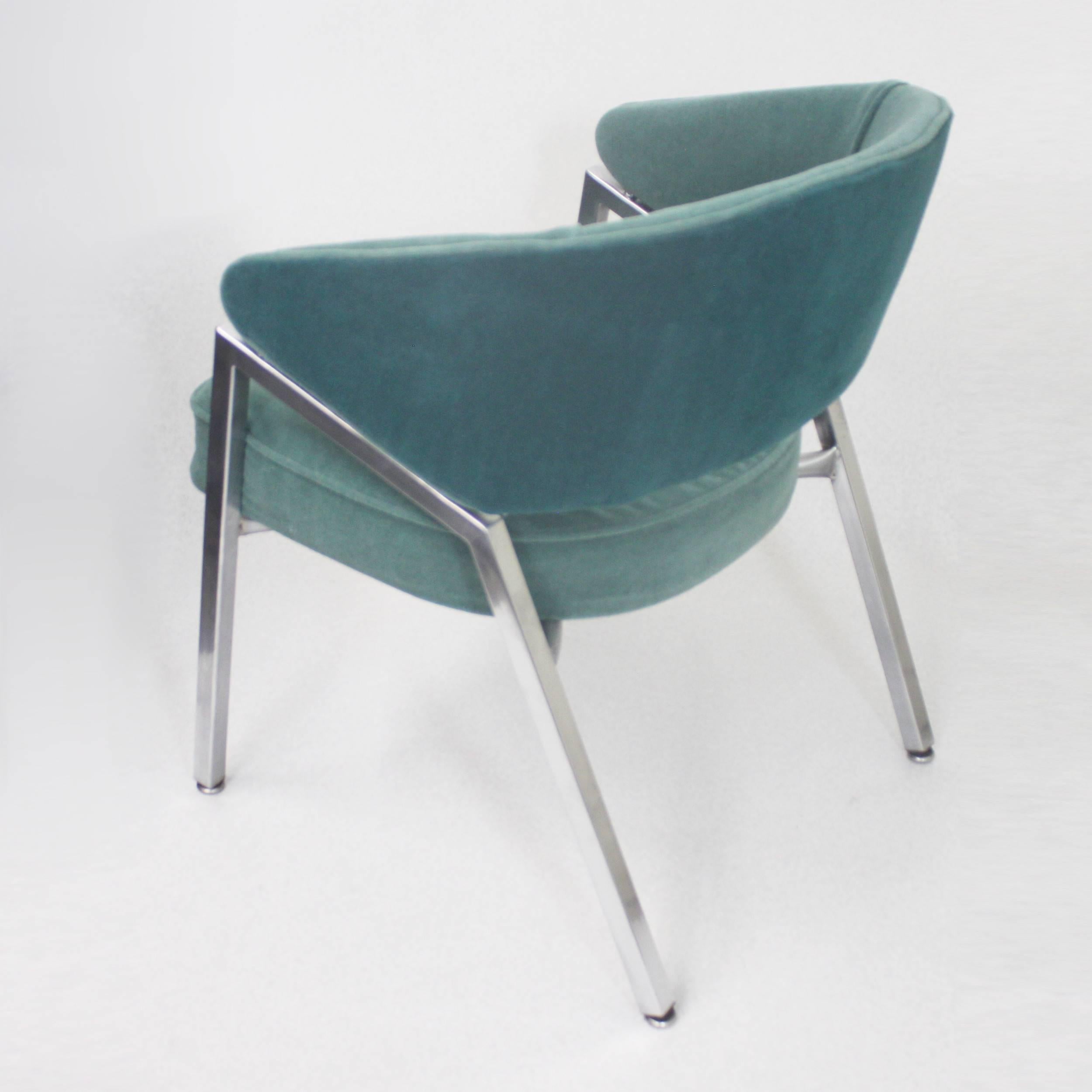 Rare Pair of 1970s Mid-Century Modern Teal Green and Chrome Side Arm Chairs 2