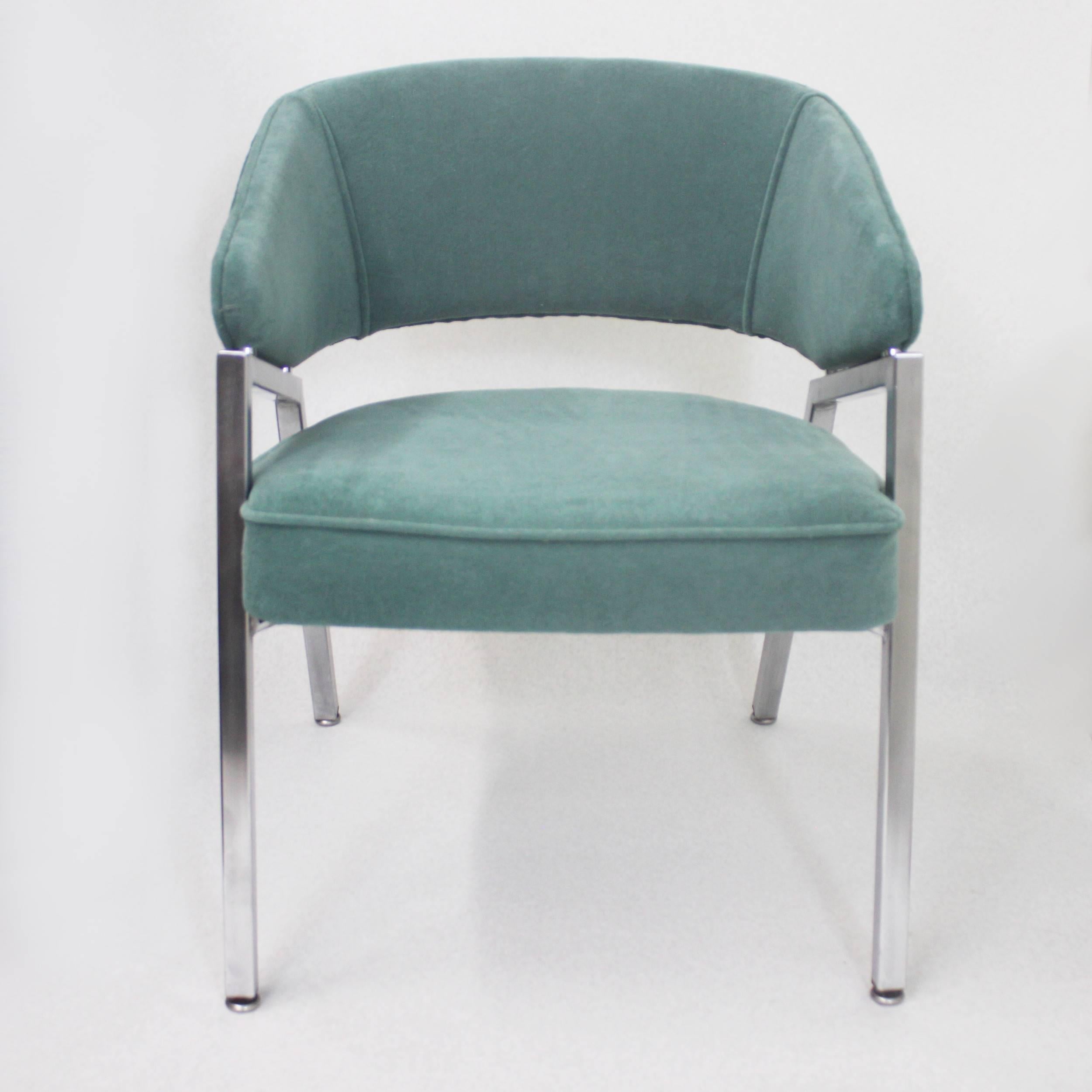 Rare Pair of 1970s Mid-Century Modern Teal Green and Chrome Side Arm Chairs 3