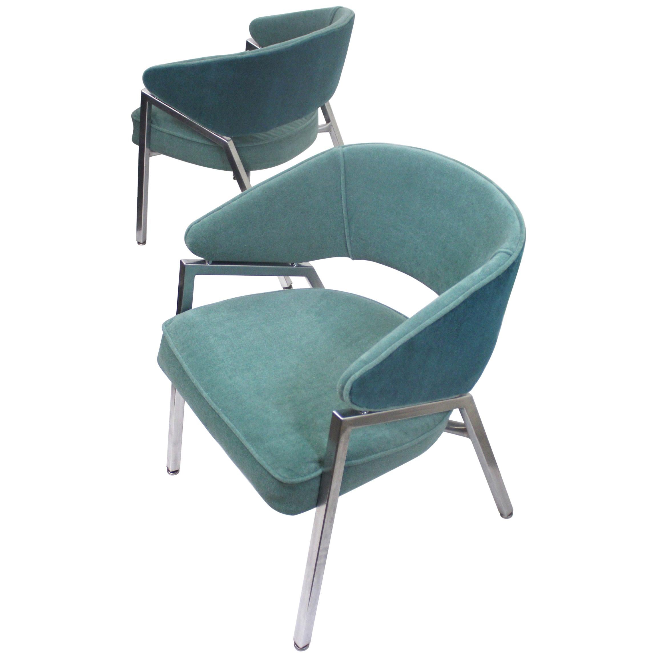 Rare Pair of 1970s Mid-Century Modern Teal Green and Chrome Side Armchairs