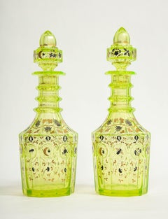 Rare Pair of 19th C. Bohemian Uranium Color Decanters Ottoman/Turkish Market