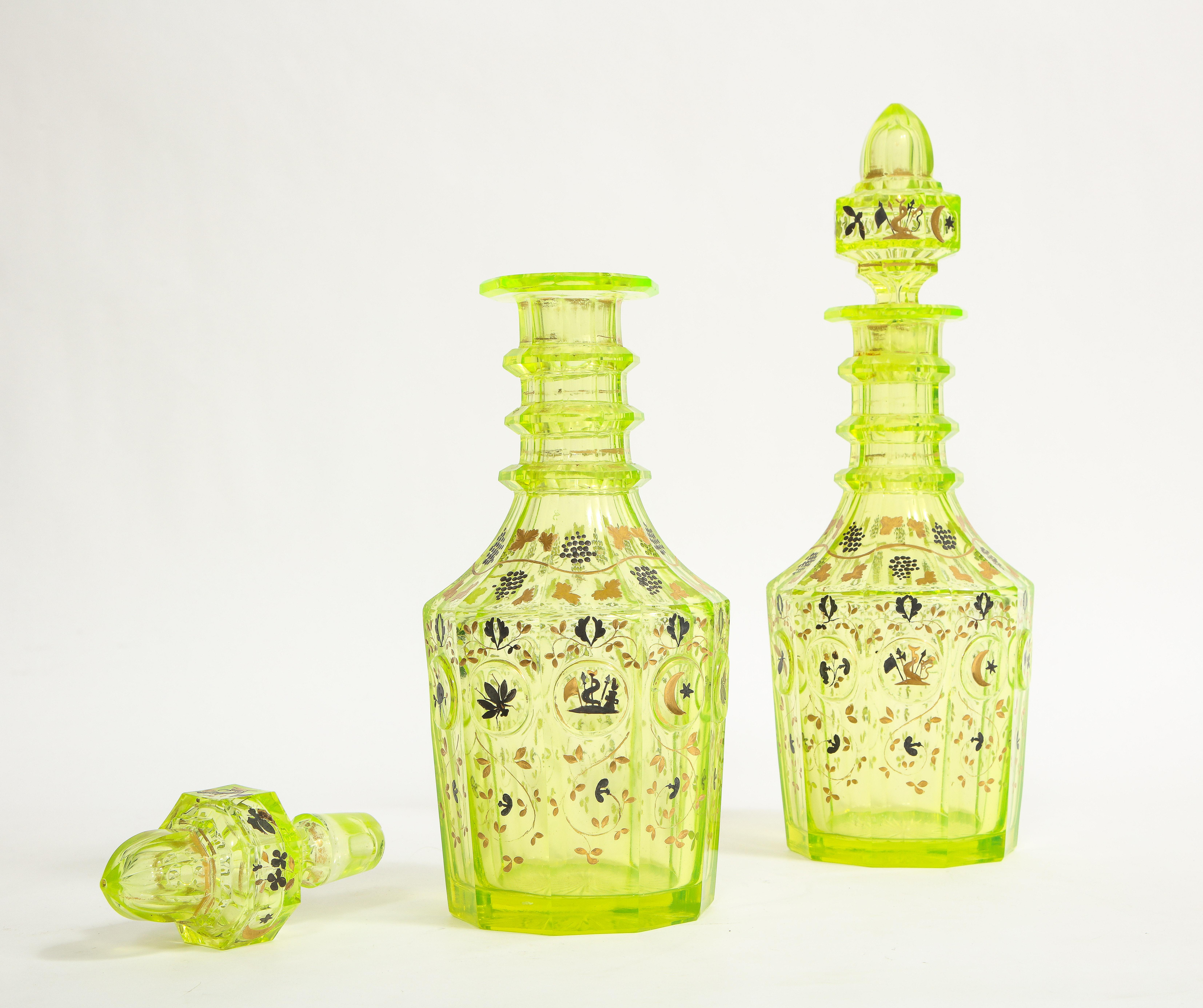 Hand-Carved Rare Pair of 19th C. Bohemian Uranium Color Decanters Ottoman/Turkish Market For Sale
