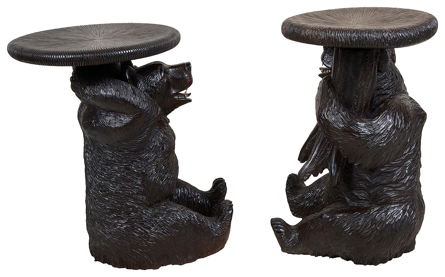 Hand-Carved Rare Pair of 19th Century Black Forest Bear Stools