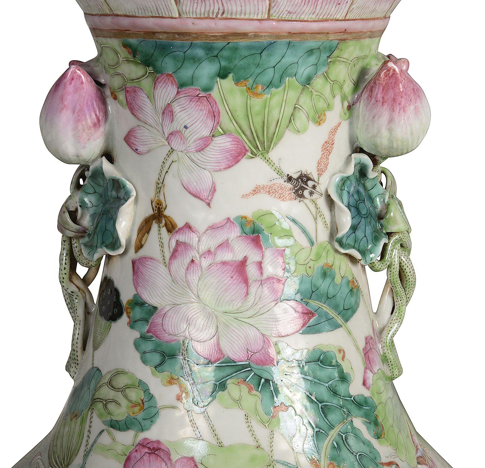 Chinese Export Rare Pair of 19th Century Chinese Famille Rose Vases For Sale