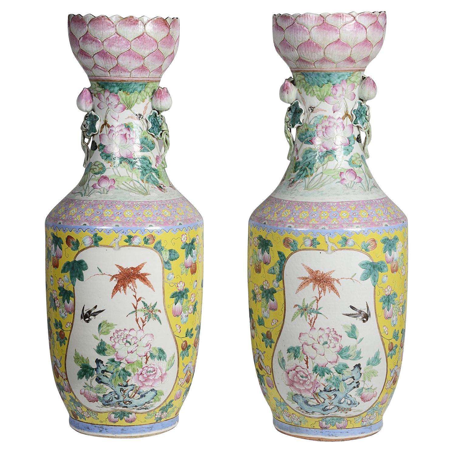 Rare Pair of 19th Century Chinese Famille Rose Vases For Sale