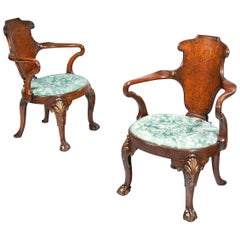 Rare Pair of 19th Century Gillows Walnut and Burr Elm Shepherds Crook Armchairs