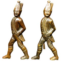 Antique Rare Pair of 19th Century Hessian Soldier Bronze Andirons, American Circa 1850