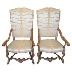 Rare Pair of 19th Century Italian Baroque Carved Walnut Tall Armchairs