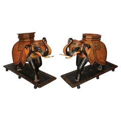 Rare pair of 19th Century. Kashmiri carved wood, lacquer elephants. 99cm high