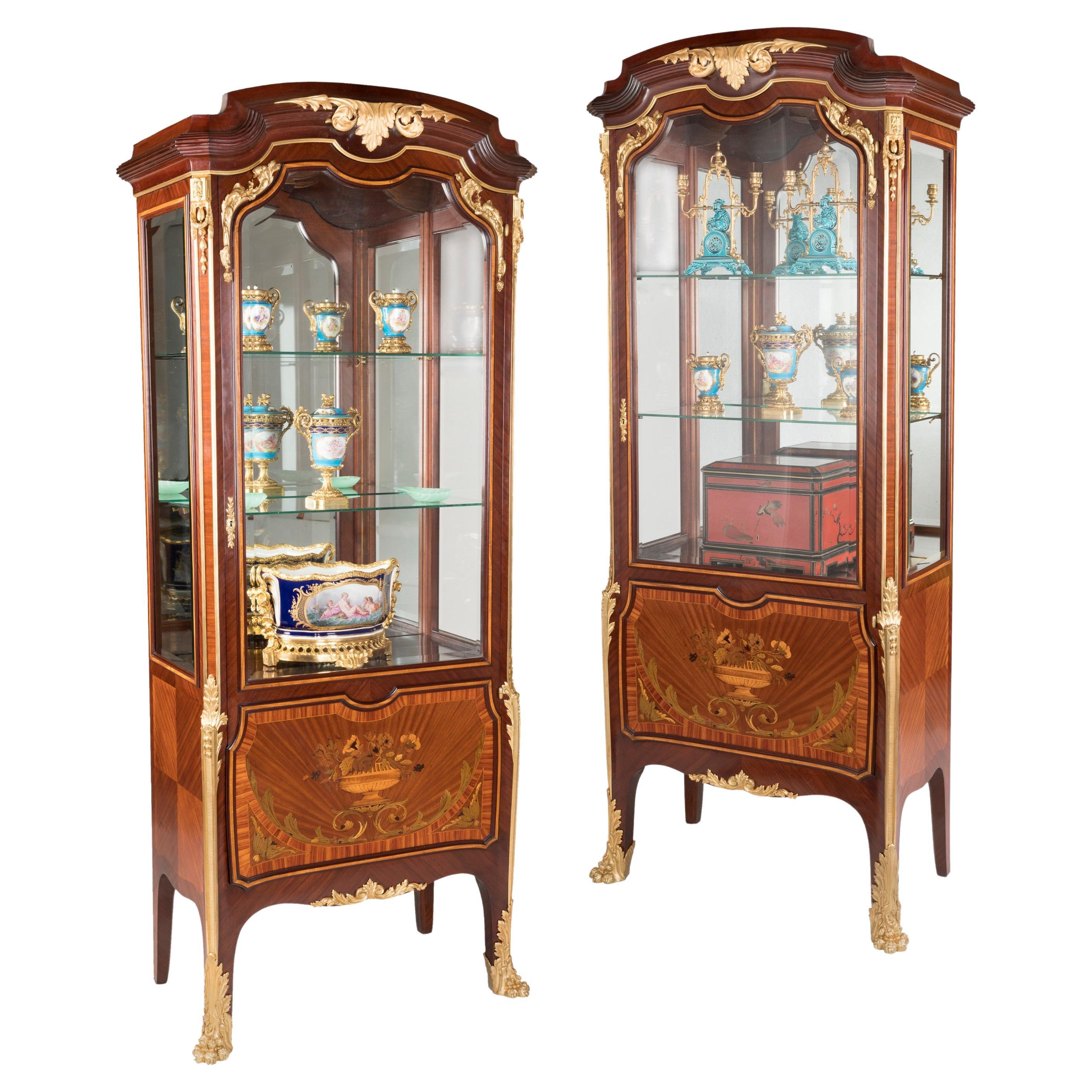 Rare Pair of 19th Century Marquetry Display Cabinets in the Louis XVI Style For Sale