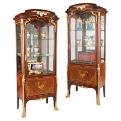Rare Pair of 19th Century Marquetry Display Cabinets in the Louis XVI Style