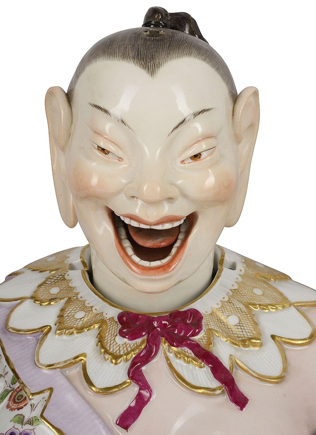 A rare and fine quality pair of 19th century Meissen porcelain nodding Pagodas, each with wonderful bold coloured hand painted decoration, with nodding heads, raticulted tonges and waving hands.
Blue crossed sword markings to the bases.
