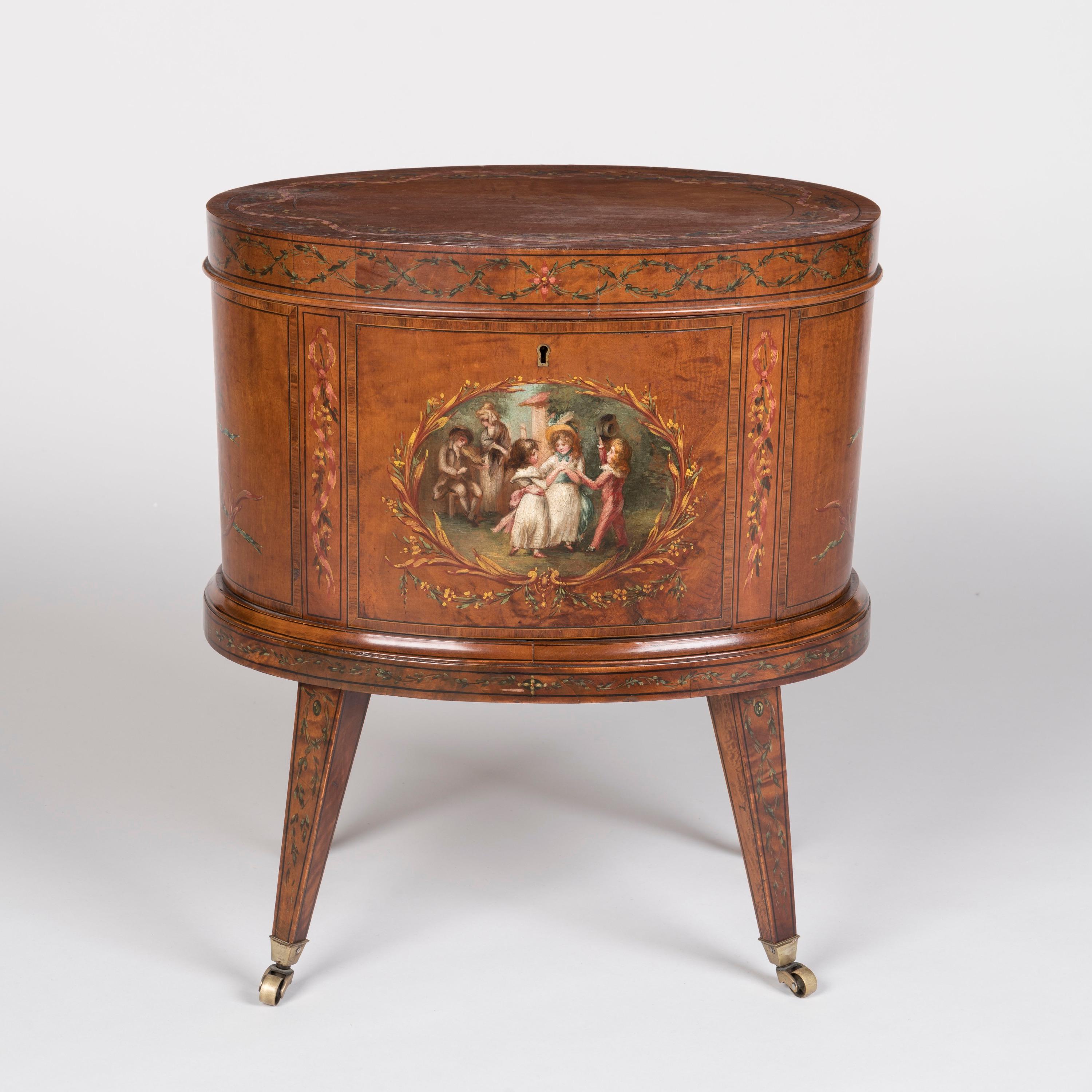 Neoclassical Revival Rare Pair of 19th Century Neoclassical Hand-Painted Satinwood Wine Coolers For Sale