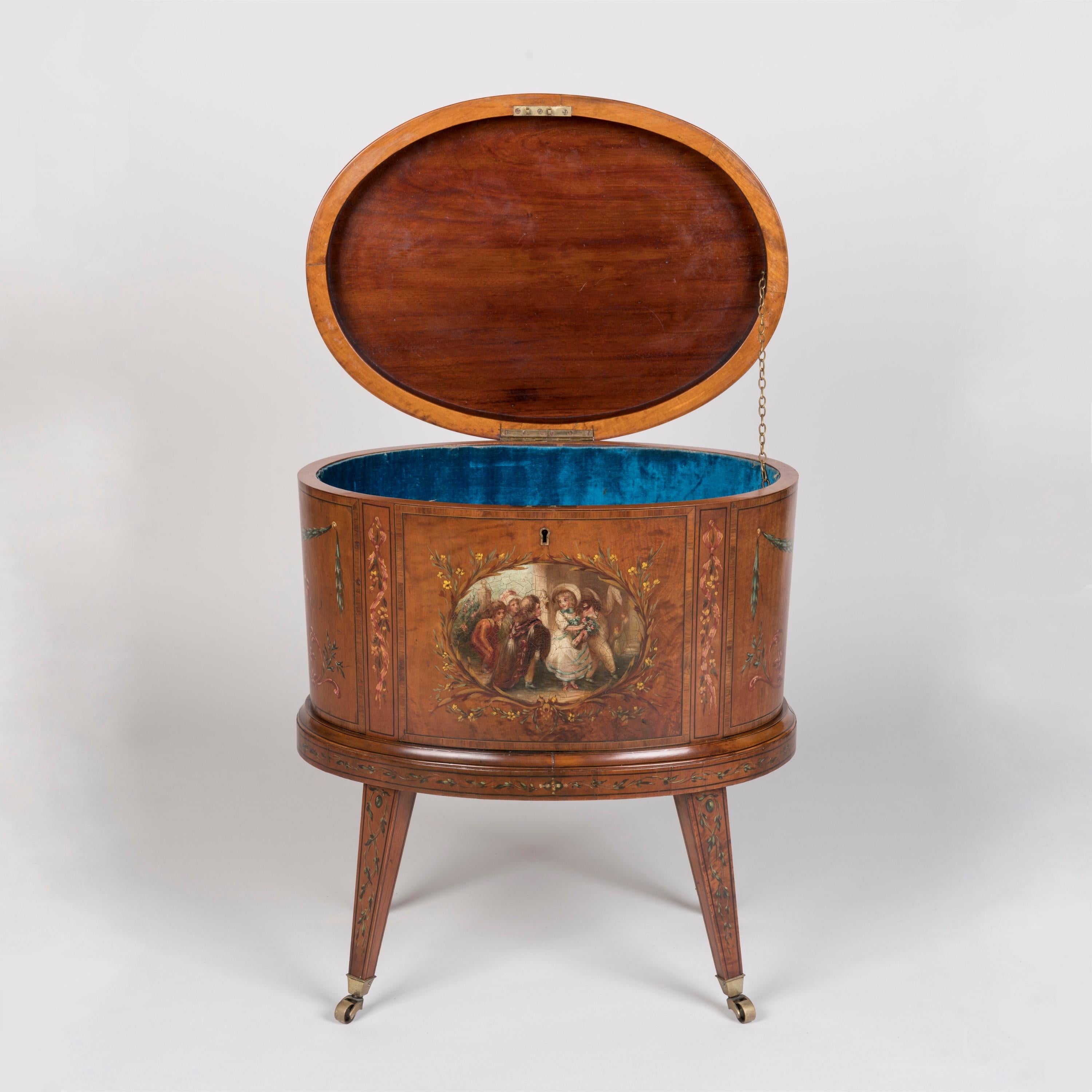 English Rare Pair of 19th Century Neoclassical Hand-Painted Satinwood Wine Coolers For Sale