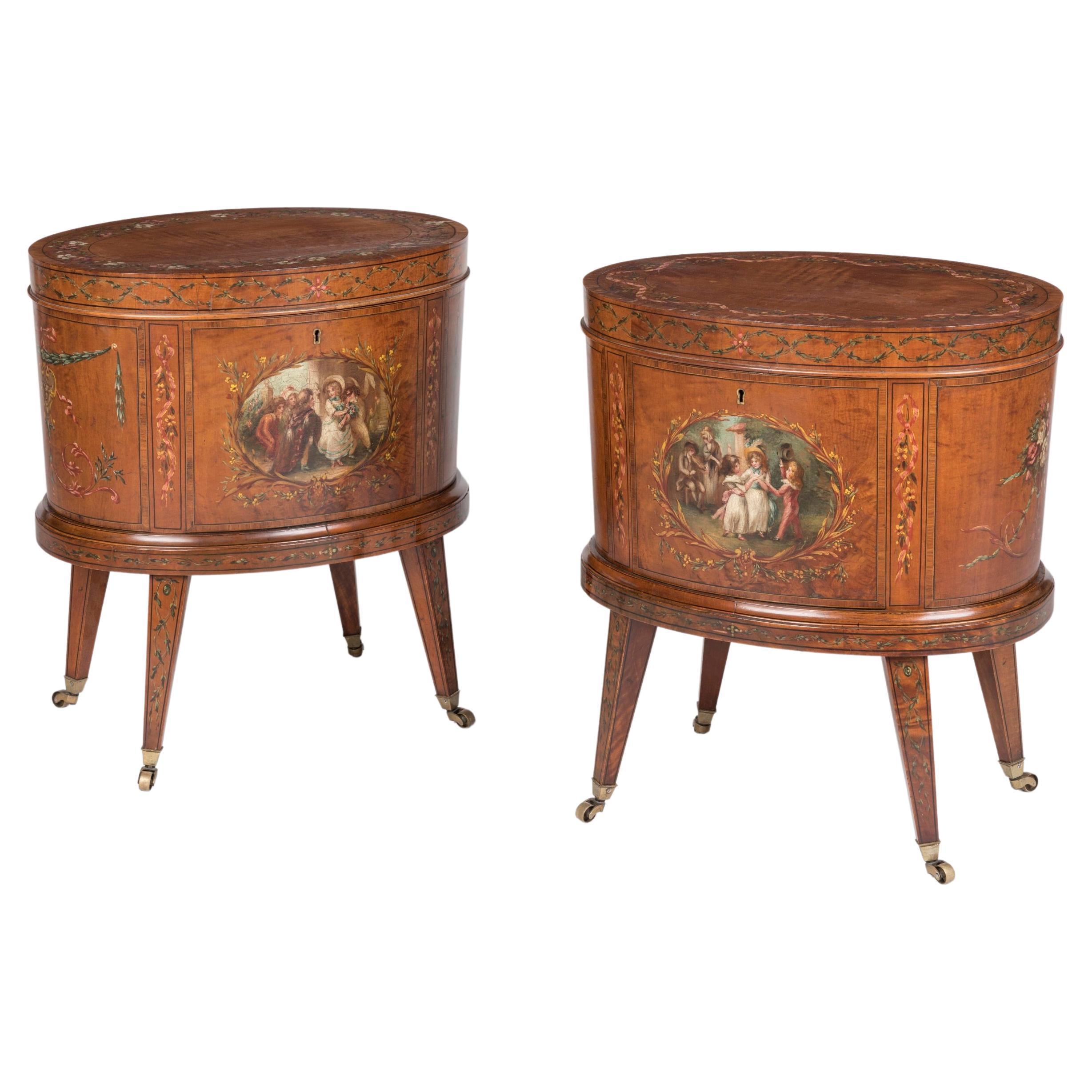 Rare Pair of 19th Century Neoclassical Hand-Painted Satinwood Wine Coolers For Sale