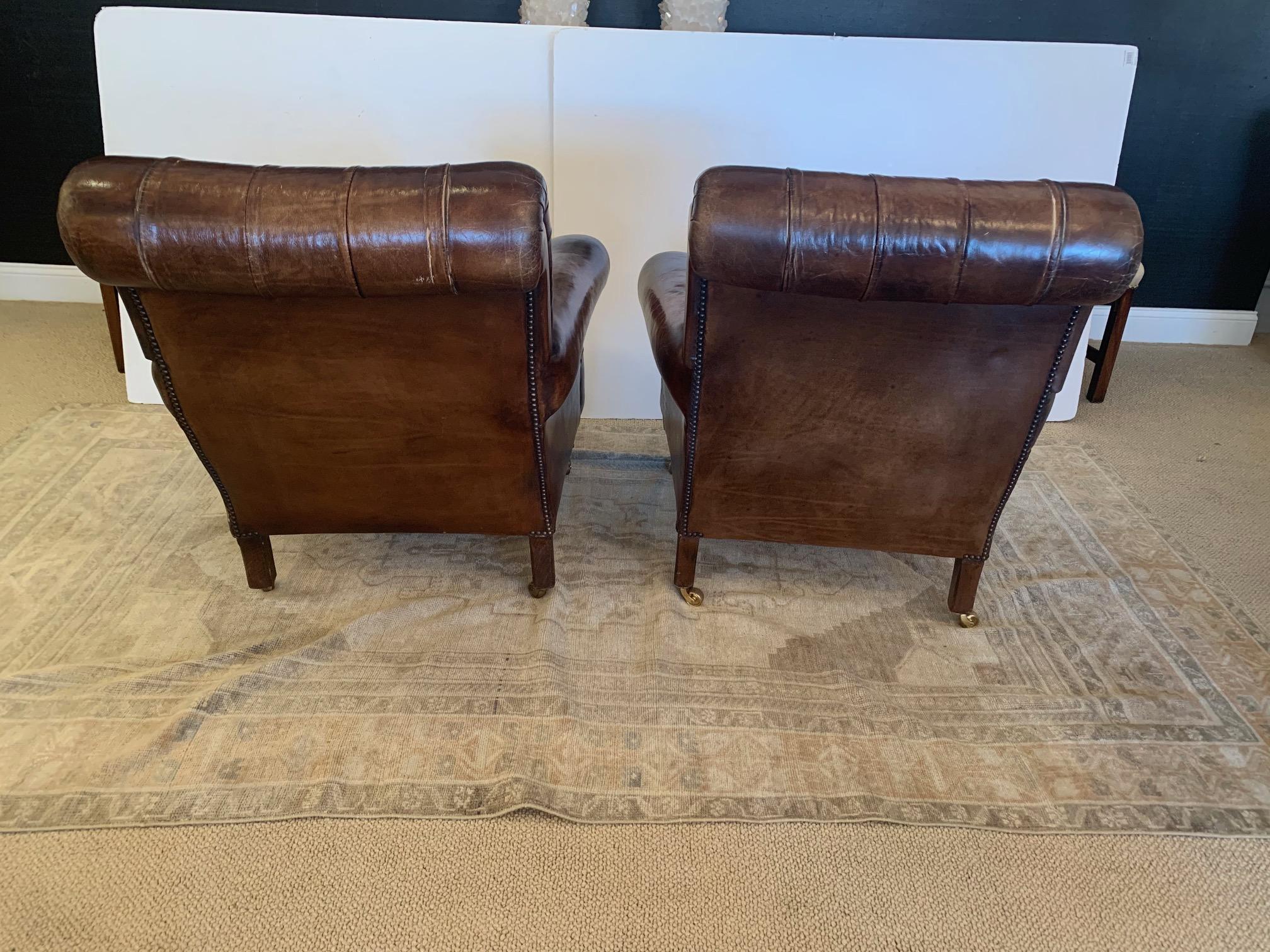 Rare Pair of 19th Century Tobacco Leather Tufted Club Chairs 6